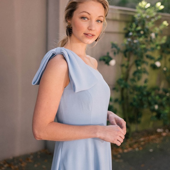GAL MEETS GLAM Light Blue A-Line Midi Dress Asymmetrical Neck Bow Fit and Flare - Picture 4 of 12